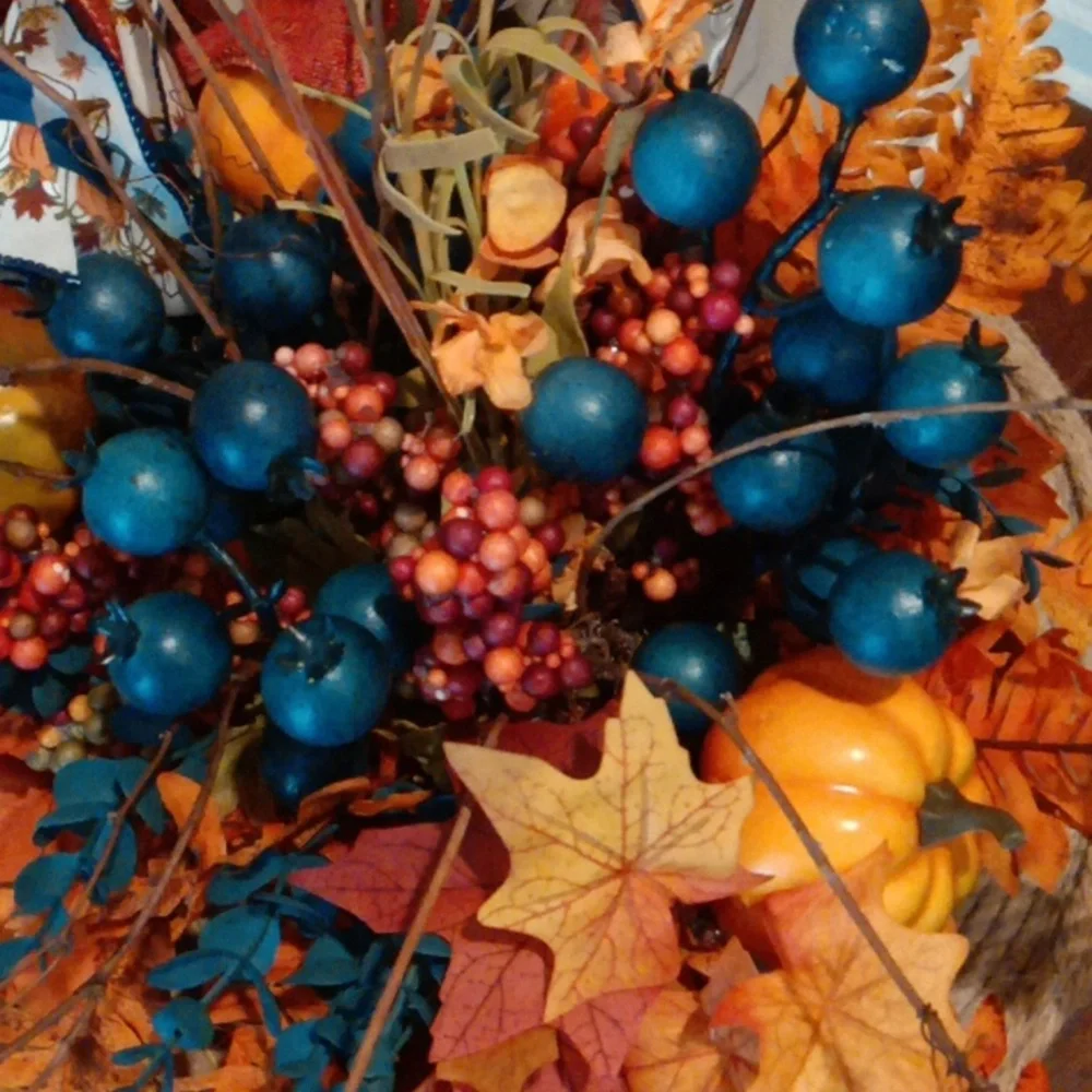 Vibrant Autumn Faux Floral Arrangement with Orange and Blue Accents